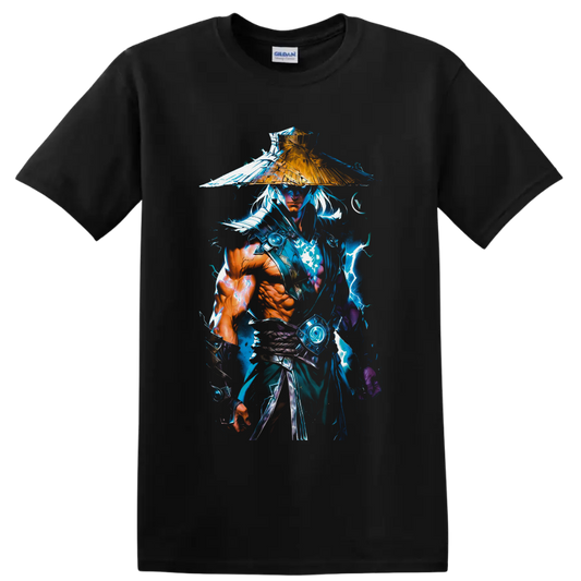 Raiden in straw hat with blue lightning, rain splashes, and anime-inspired warrior art on a Black T Shirt