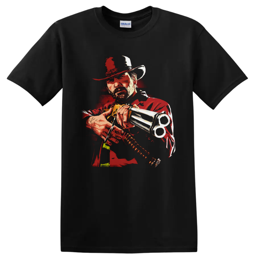 Arthur Morgan revolver portrait in distressed red western illustration style on a Black T Shirt