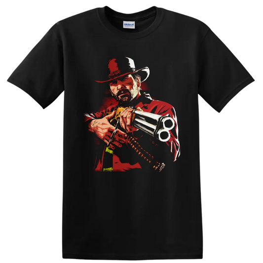 Arthur Morgan revolver portrait in distressed red western illustration style on a Black T Shirt