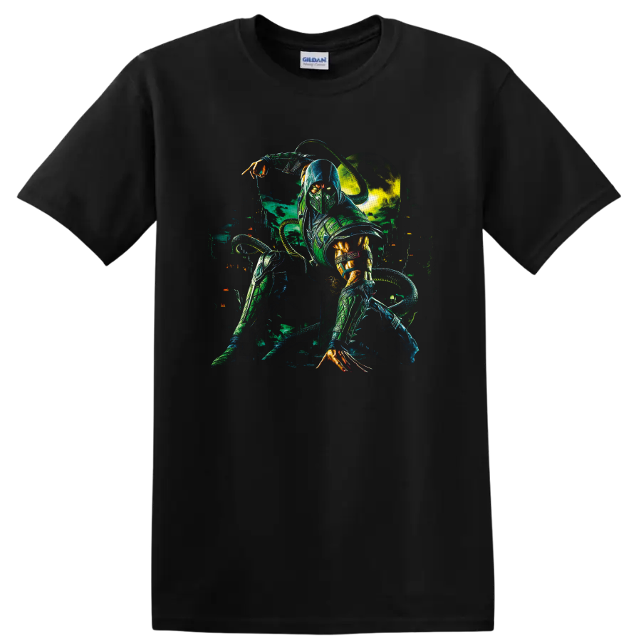 Reptile Mortal Kombat cyber ninja with glowing eyes, claws, and coiled tail on a Black T Shirt