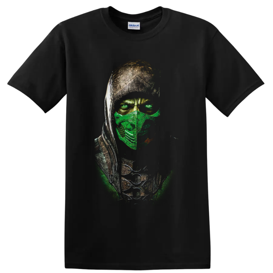 Reptile Mortal Kombat masked green ninja warrior portrait in distressed graphic style on a Black T Shirt