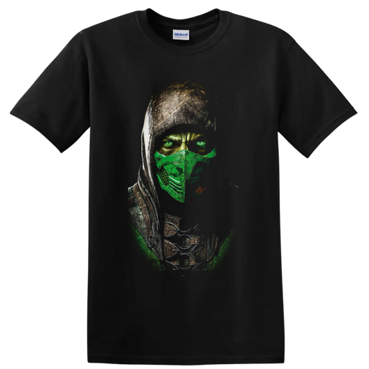 Reptile Mortal Kombat masked green ninja warrior portrait in distressed graphic style on a Black T Shirt