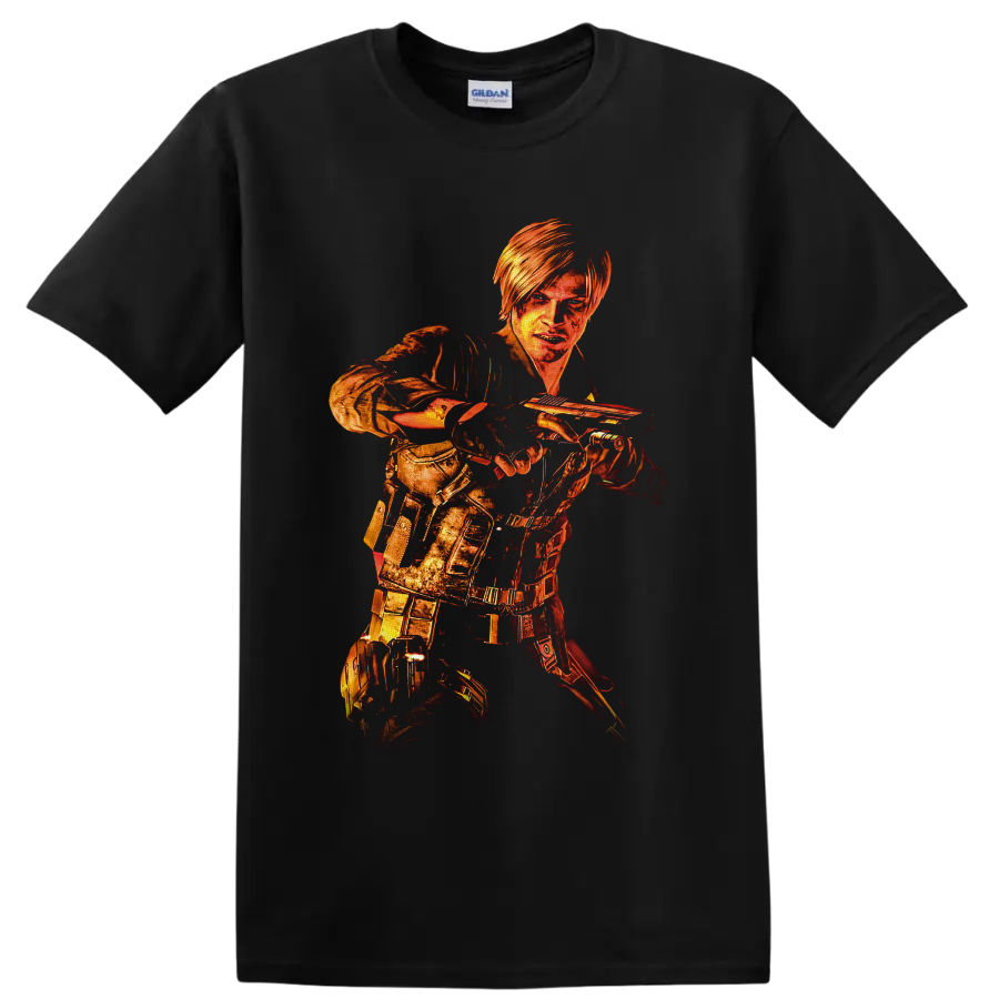 Leon Kennedy Resident Evil 6 fiery distressed tactical handgun action artwork on a Black T Shirt