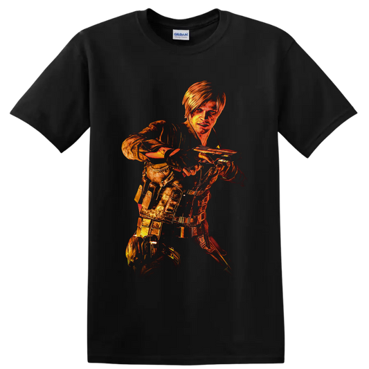 Leon Kennedy Resident Evil 6 fiery distressed tactical handgun action artwork on a Black T Shirt