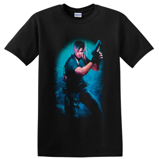 Leon Kennedy tactical action artwork in a misty blue survival-horror forest on a Black T Shirt