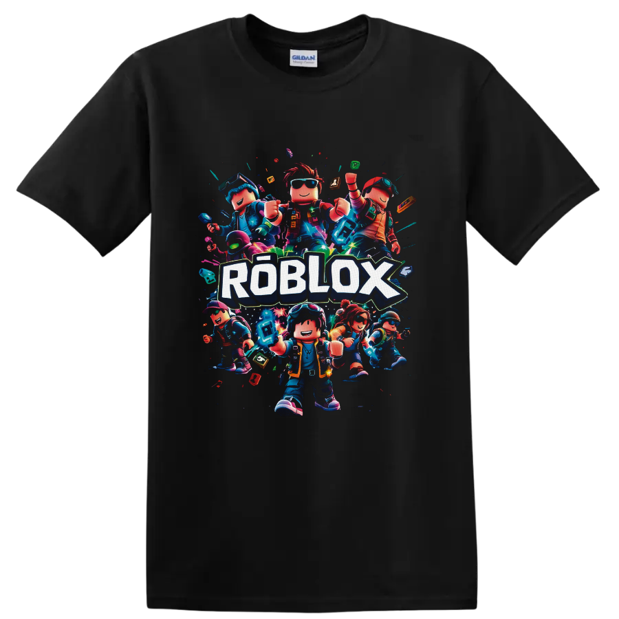 Roblox Characters neon block-avatar squad graphic with bold ROBLOX lettering on a Black T Shirt