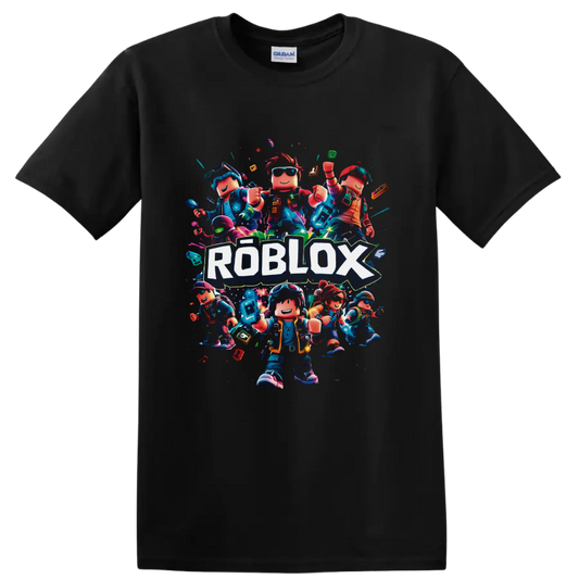 Roblox Characters neon block-avatar squad graphic with bold ROBLOX lettering on a Black T Shirt