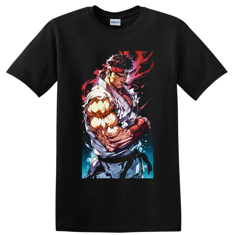 Ryu Street Fighter martial arts fighter in vibrant red and blue watercolor anime style on a Black T Shirt
