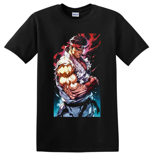 Ryu Street Fighter martial arts fighter in vibrant red and blue watercolor anime style on a Black T Shirt