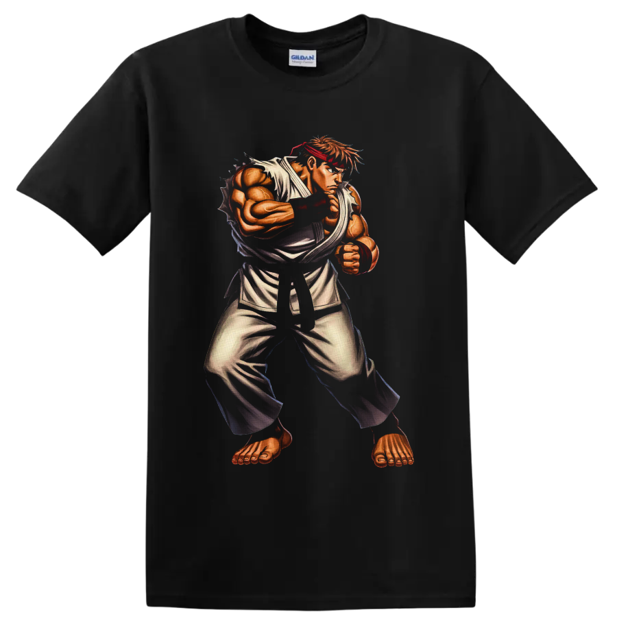 Ryu Street Fighter martial arts warrior in retro arcade illustration on a Black T Shirt
