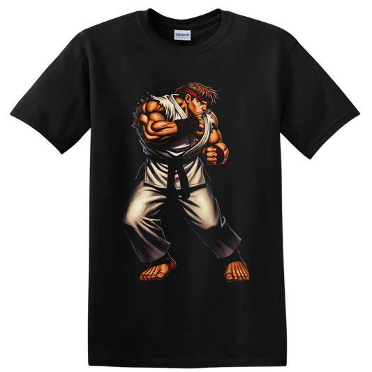 Ryu Street Fighter martial arts warrior in retro arcade illustration on a Black T Shirt