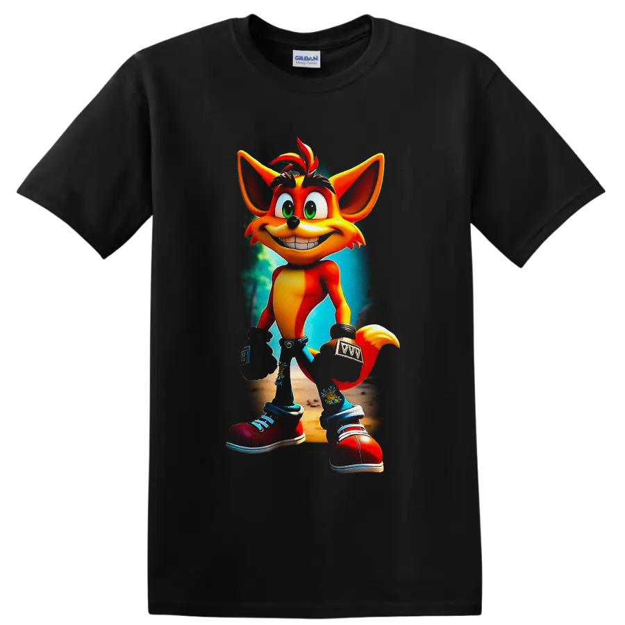 Crash Bandicoot cartoon character with a teal jungle-style background on a Black T Shirt