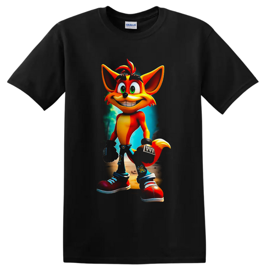 Crash Bandicoot cartoon character with a teal jungle-style background on a Black T Shirt