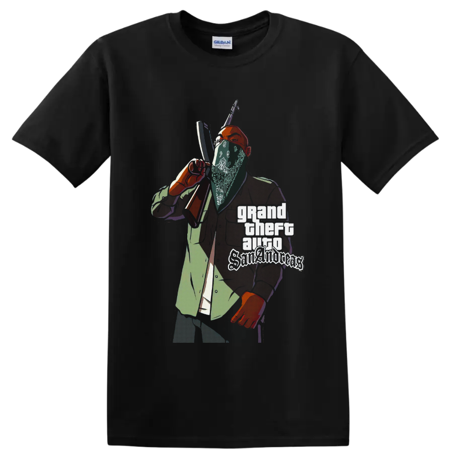 Grand Theft Auto San Andreas gangster illustration with rifle and stacked logo text on a Black T Shirt