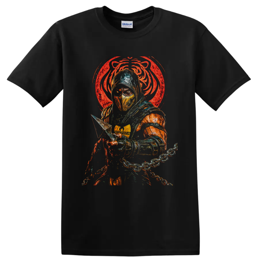 Scorpion masked ninja with spear chain and distressed red dragon emblem on a Black T Shirt
