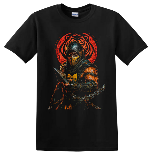 Scorpion masked ninja with spear chain and distressed red dragon emblem on a Black T Shirt