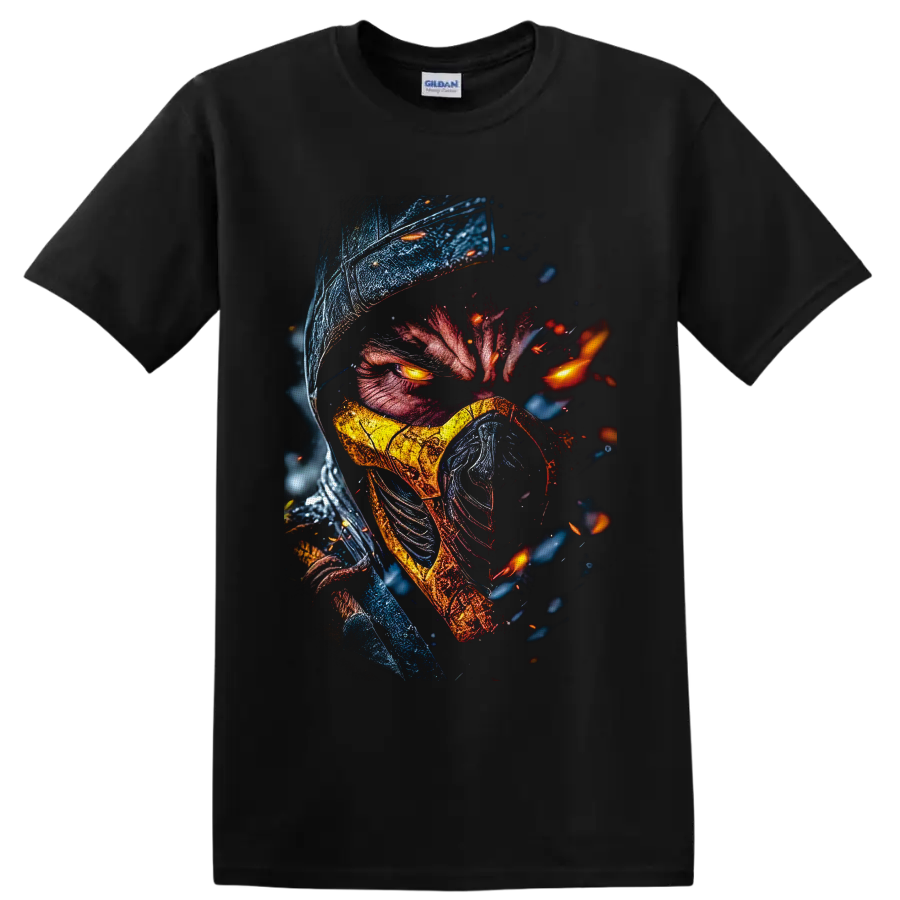 Scorpion in a hood and gold mask with glowing eyes and fiery embers on a Black T Shirt
