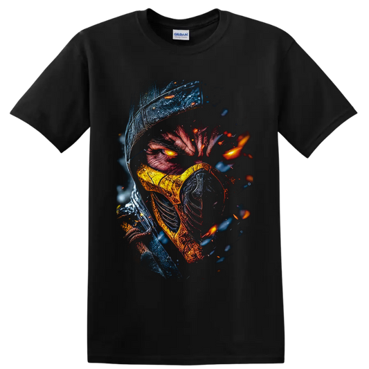 Scorpion in a hood and gold mask with glowing eyes and fiery embers on a Black T Shirt