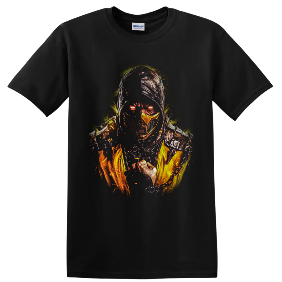 Scorpion Mortal Kombat fiery hooded ninja graphic with glowing eyes and chain weapon on a Black T Shirt