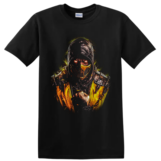 Scorpion Mortal Kombat fiery hooded ninja graphic with glowing eyes and chain weapon on a Black T Shirt