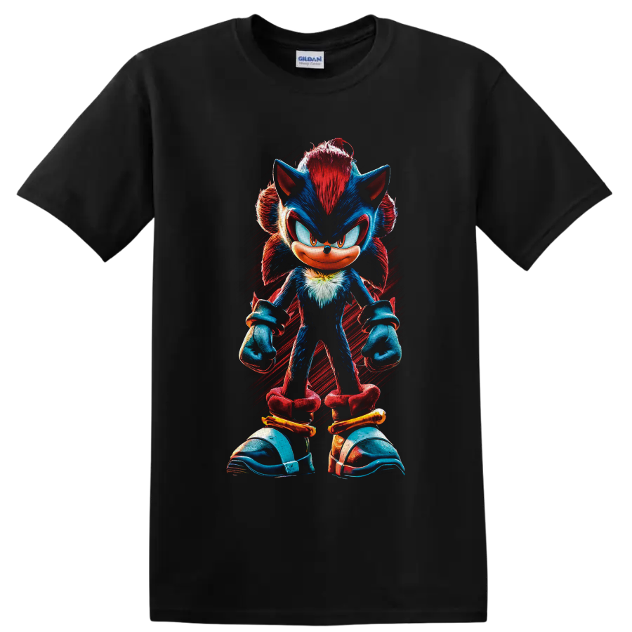 Shadow the Hedgehog full-body red and blue character art with red brushstroke background on a Black T Shirt
