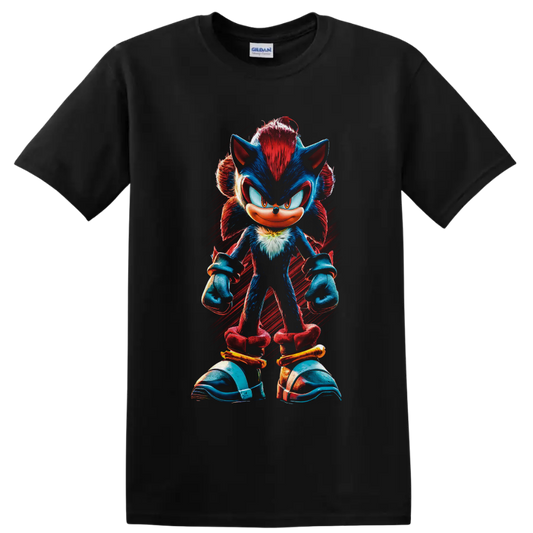Shadow the Hedgehog full-body red and blue character art with red brushstroke background on a Black T Shirt