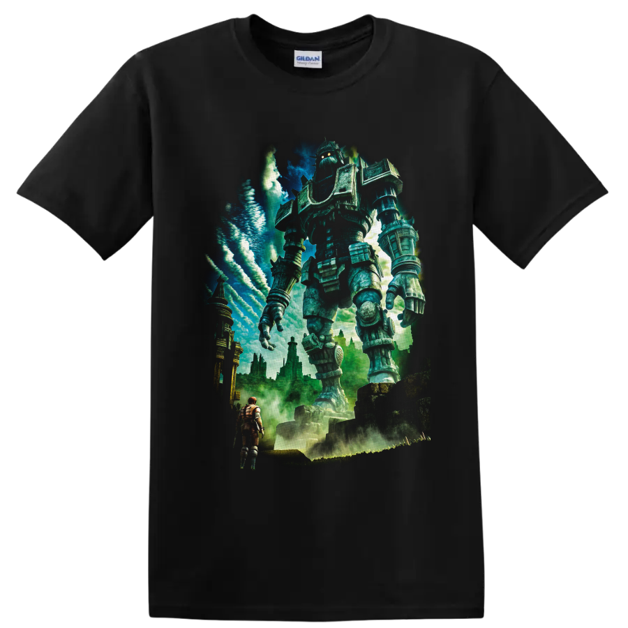 Towering Colossus guardian above a lone adventurer in painterly fantasy ruins on a Black T Shirt