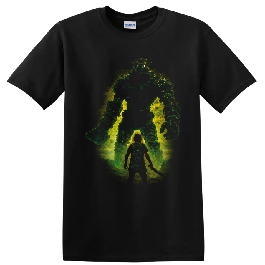 Shadow of the Colossus warrior facing a glowing green Colossus in distressed fantasy art on a Black T Shirt