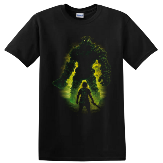 Shadow of the Colossus warrior facing a glowing green Colossus in distressed fantasy art on a Black T Shirt