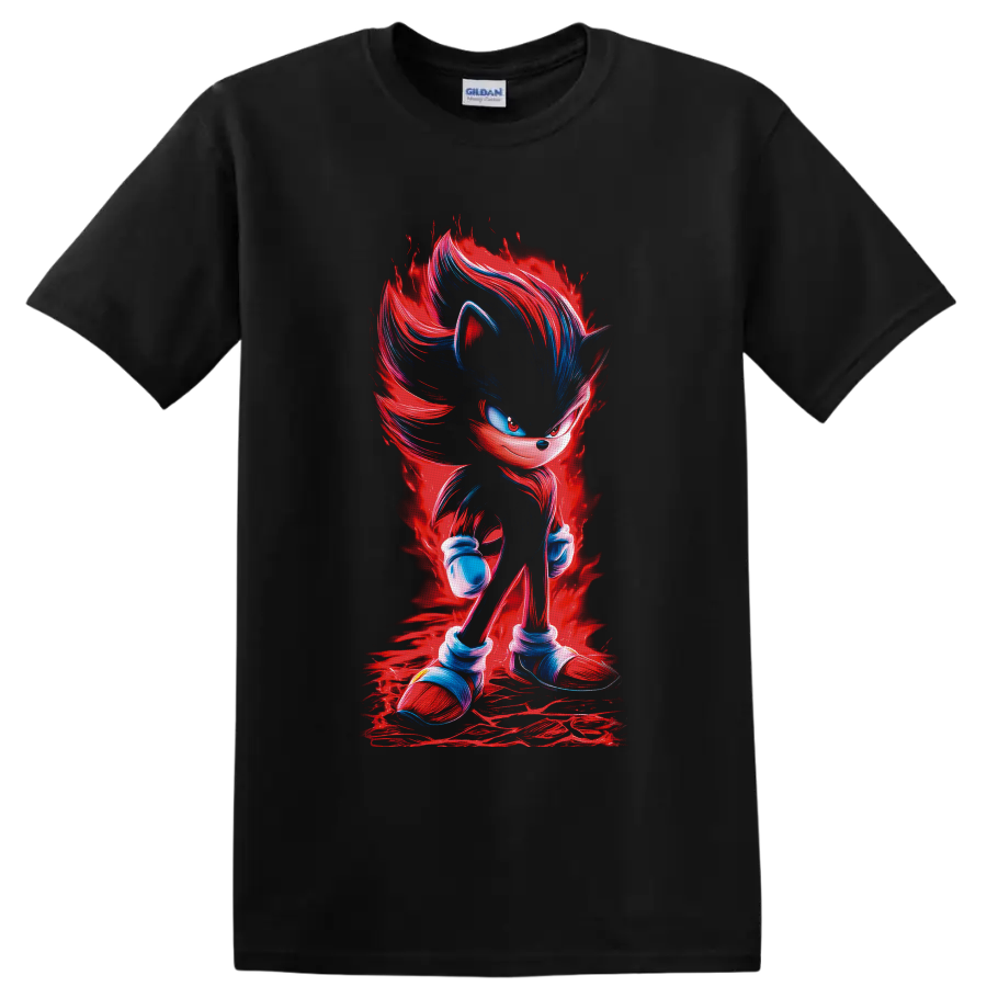 Shadow the Hedgehog with red energy aura and blue painterly highlights on a Black T Shirt