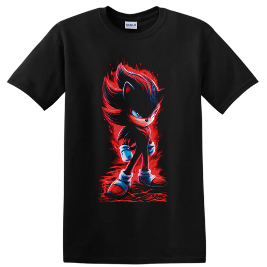 Shadow the Hedgehog with red energy aura and blue painterly highlights on a Black T Shirt