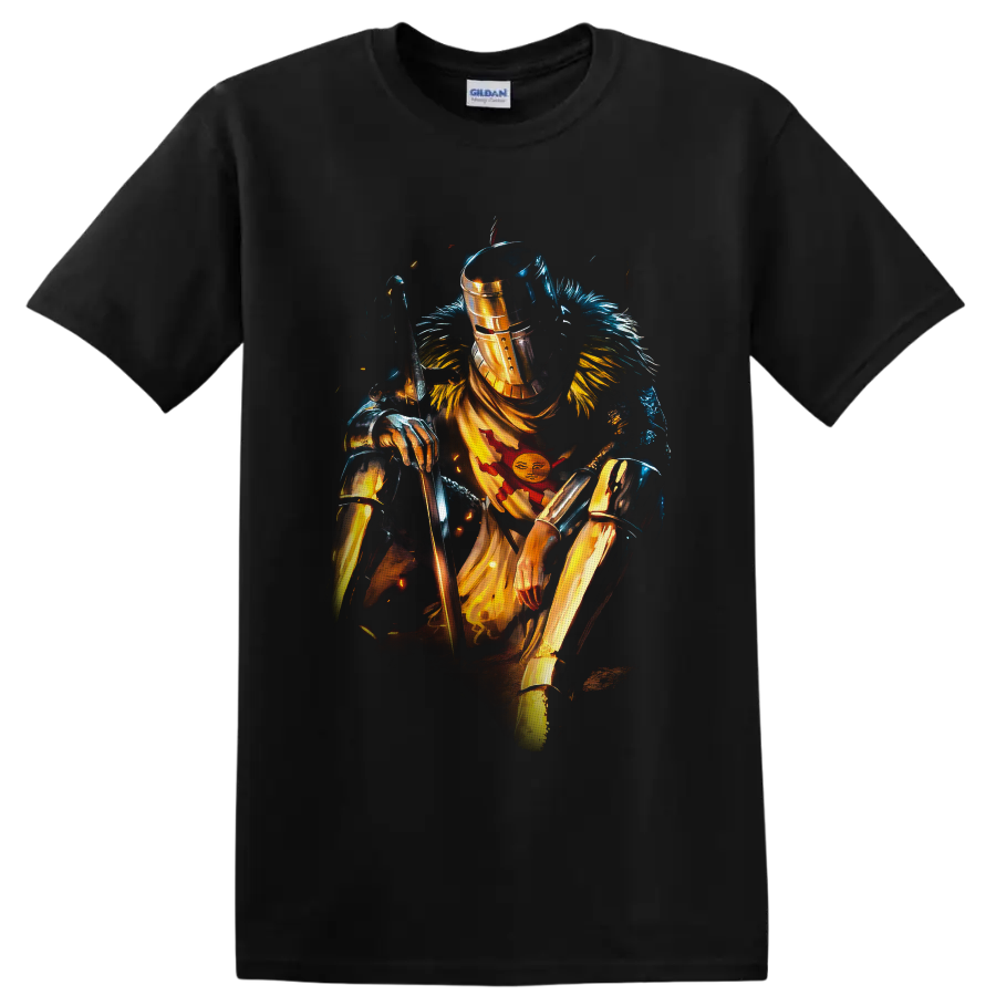Solaire of Astora in gold armor with sword and sun emblem, painterly fantasy art on a Black T Shirt