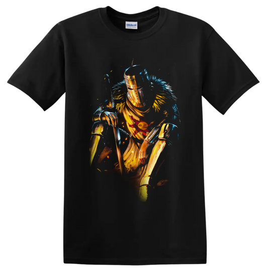 Solaire of Astora in gold armor with sword and sun emblem, painterly fantasy art on a Black T Shirt