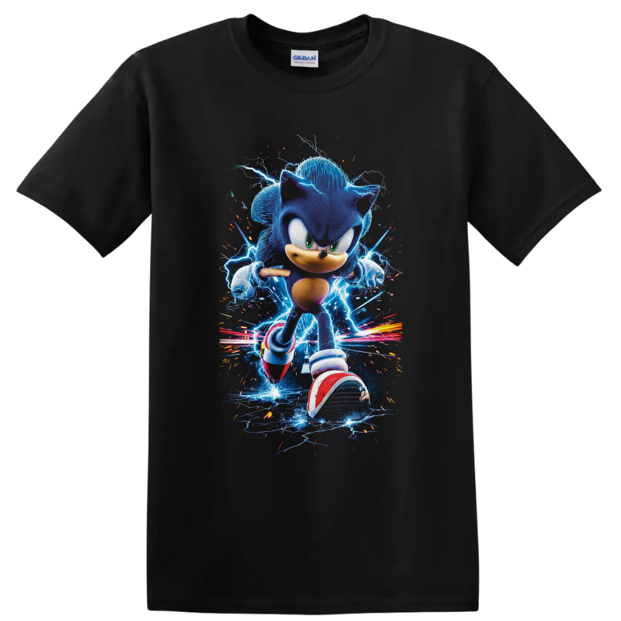 Sonic the Hedgehog running through electric blue lightning and colorful speed trails on a Black T Shirt