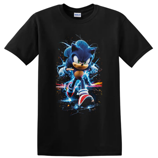 Sonic the Hedgehog running through electric blue lightning and colorful speed trails on a Black T Shirt
