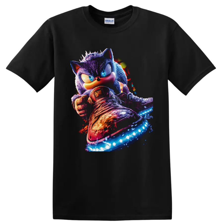 Sonic the Hedgehog neon action portrait with glowing sneakers and splatter effects on a Black T Shirt