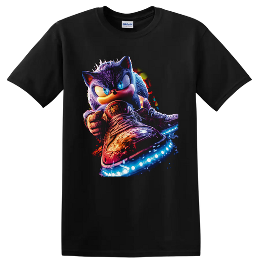 Sonic the Hedgehog neon action portrait with glowing sneakers and splatter effects on a Black T Shirt