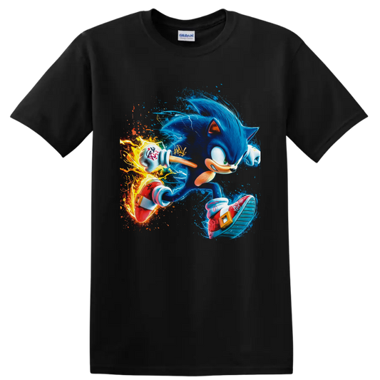 Sonic the Hedgehog sprinting through electric blue trails and fiery digital art on a Black T Shirt