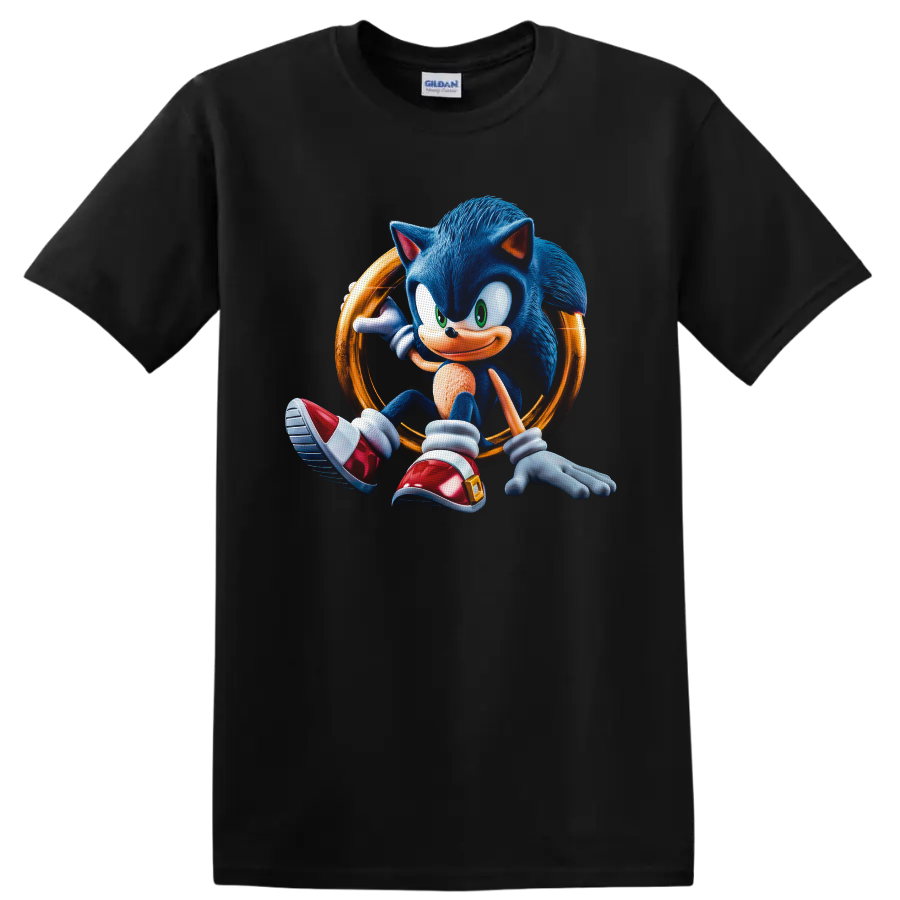 Sonic the Hedgehog seated in a glowing golden ring, detailed retro game character art on a Black T Shirt