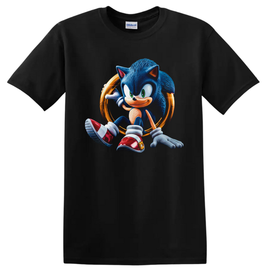 Sonic the Hedgehog seated in a glowing golden ring, detailed retro game character art on a Black T Shirt