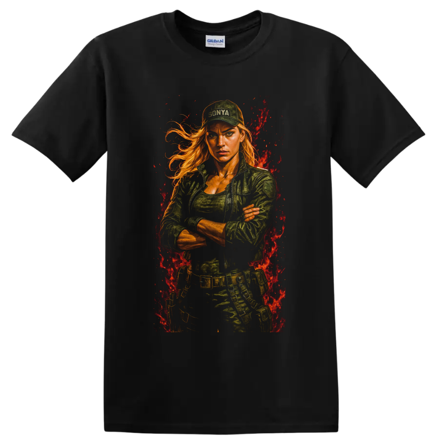 Sonya Blade tactical fighter portrait with flames from Mortal Kombat on a Black T Shirt