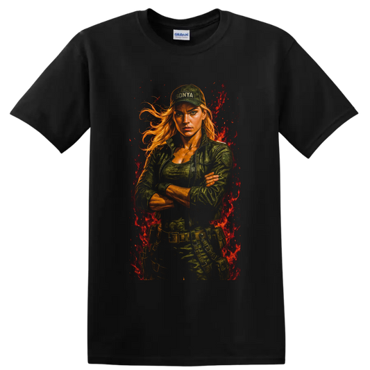 Sonya Blade tactical fighter portrait with flames from Mortal Kombat on a Black T Shirt