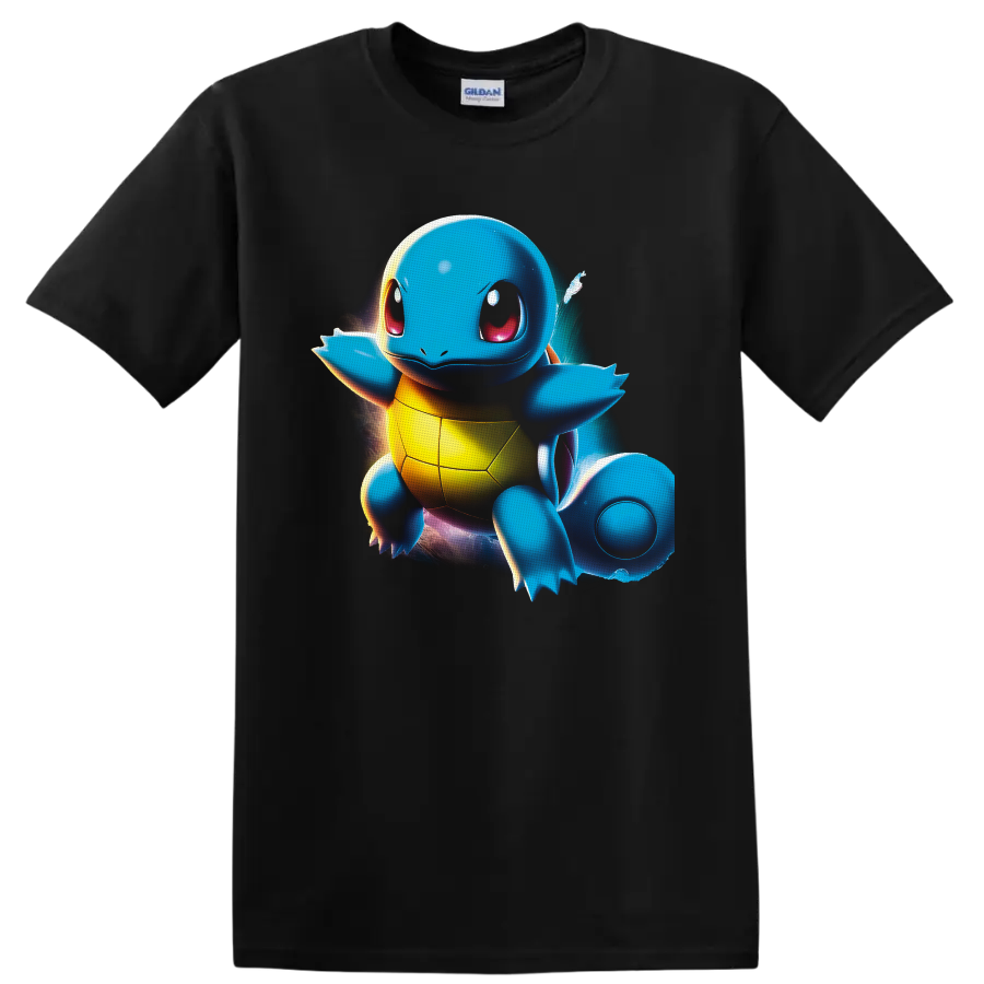 Squirtle Pokémon with glowing cosmic backdrop and vivid digital-art highlights on a Black T Shirt
