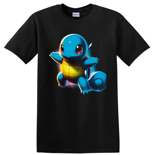 Squirtle Pokémon with glowing cosmic backdrop and vivid digital-art highlights on a Black T Shirt