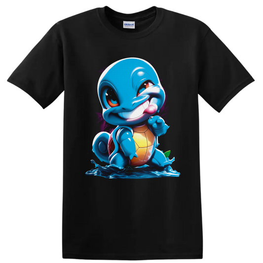Squirtle in glossy cartoon water splash art with purple paint accents on a Black T Shirt