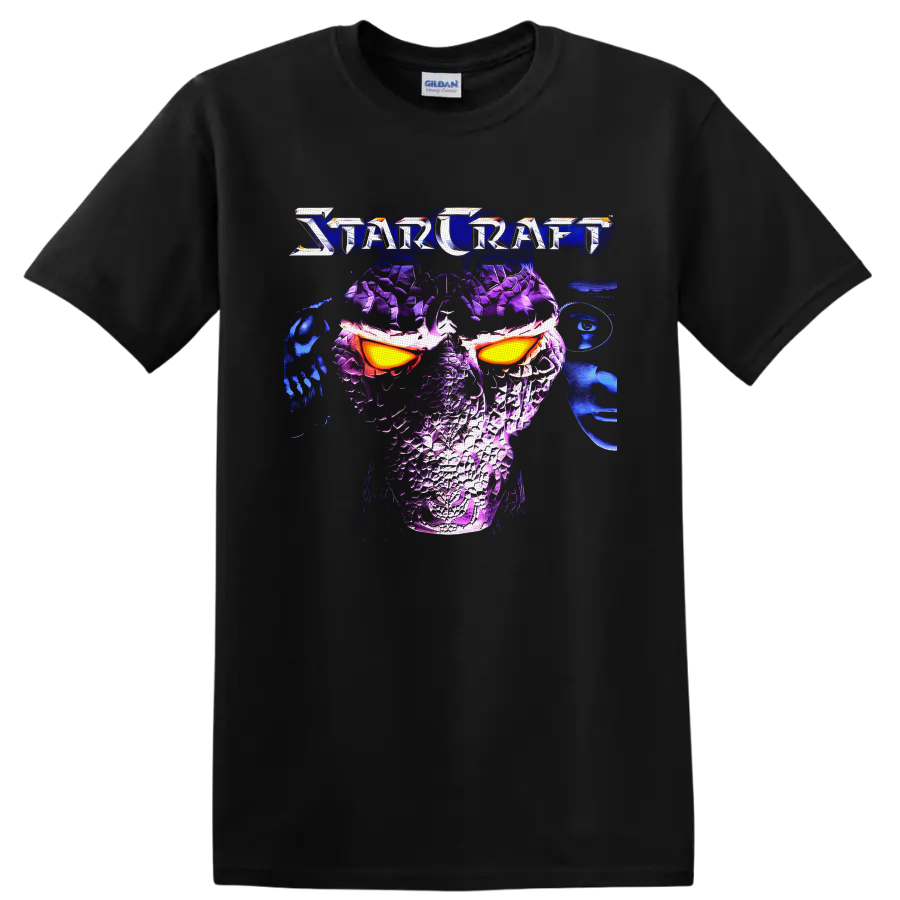 StarCraft Protoss warrior in neon purple armor with glowing orange eyes on a Black T Shirt