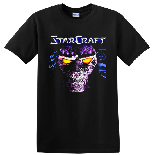 StarCraft Protoss warrior in neon purple armor with glowing orange eyes on a Black T Shirt