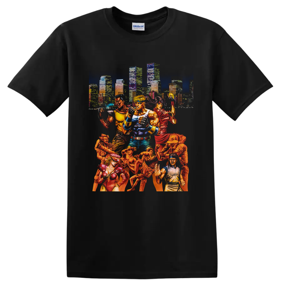 Streets of Rage fighters in comic-style action before a neon city skyline on a Black T Shirt