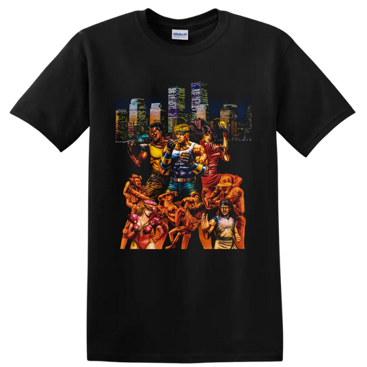 Streets of Rage fighters in comic-style action before a neon city skyline on a Black T Shirt