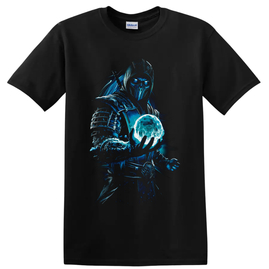 Sub-Zero ice warrior holding a glowing frozen orb in electric blue fantasy art on a Black T Shirt